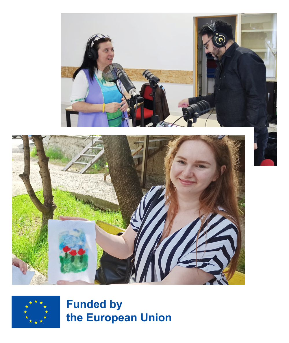 eee-hero copy Header showing a woman with a painting and a woman and a man with microphones and headphones.